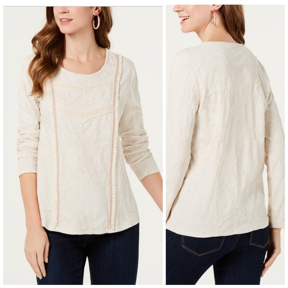 Style & Co. Tops - Style & Co Ivory Textured Crochet Trim Top Small